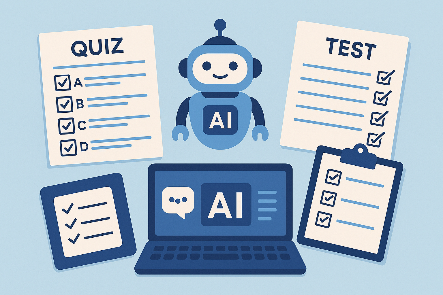 Why LetsChatly - Flat lay of AI tools like quiz, test, robot assistant, checklist